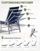 Patio Chaise Lounge Chair Outdoor with Wheels&Armrests, Aluminum Pool Lounge Chairs 5-Position Adjustable Recliner - Photo 4