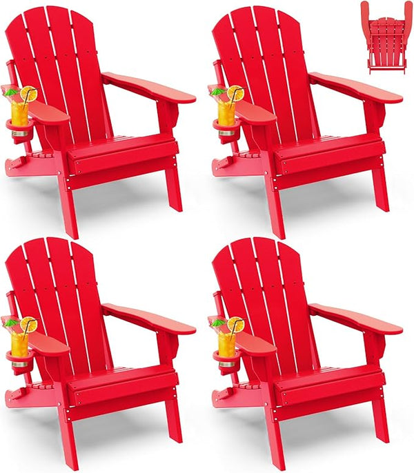 GREENVINES Folding-Adirondack-Chairs-Set-of-4 | HDPE Plastic | Fire Pit Chair | All Weather | Cup Holder | Red - Photo 1