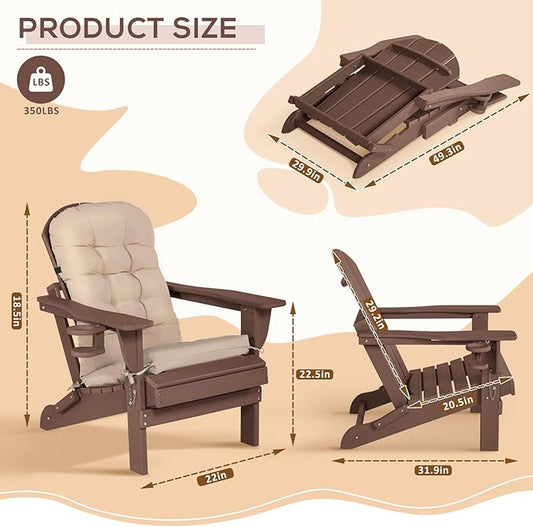 Adirondack Chair with Cushion & Cup Holder, HDPE Folding Adirondack Chair with Wood-Like Grain Outdoor Fire Pit Chairs for Patio/Porch/Swimming Pool/Camping (Brown)