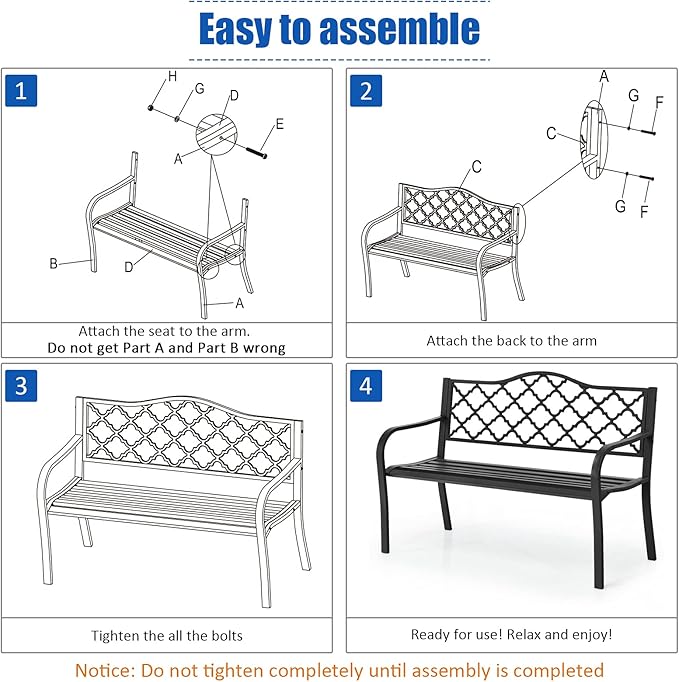 Tangkula Outdoor Steel Garden Bench, Patio Park Bench w/Iron Casted Seat, Armrest & Backrest, Outdoor Welcome Bench Chair Furniture Suitable for Garden Patio Yard