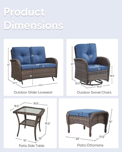 6 Pieces Patio Wicker Furniture Set-Outdoor Swivel Chairs Set of 2 Outdoor Glider Love seat with Outdoor Footstool Patio Furniture for Deck Porch Garden Balcony Poolside-Brown/Blue
