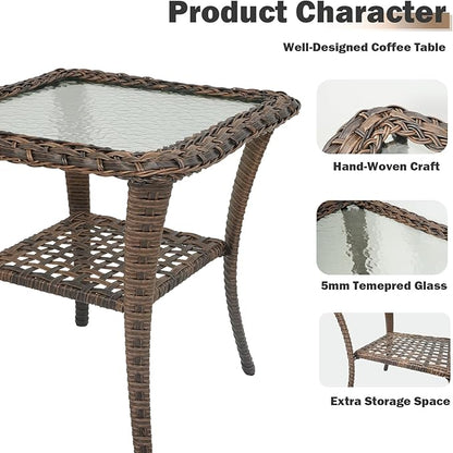HUMMUH Patio Side Table Outdoor PE Wicker,Rattan End Table Glass Top Coffee Table with Storage Brown