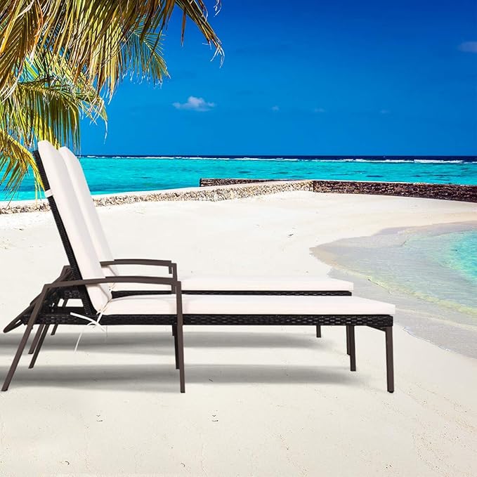 HAPPYGRILL 2 Patio Chaise Lounge Chairs Outdoor Rattan Wicker Lounge Set Adjustable Backrest Poolside Chaise with Soft Cushions for Beach Pool Backyard Balcony