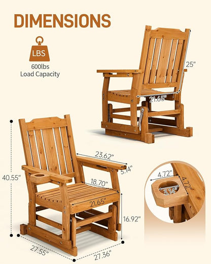 Outvita Patio Glider with Cup Holders Set of 2, Wooden Outdoor Glider Bench with High Roll Back & Deep Contoured Seat, Smooth Porch Glider Chair Heavy Duty 600 Lbs, Teak Brown