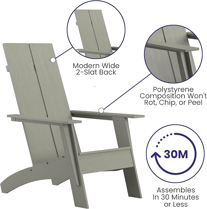 EMMA + OLIVER Gray Modern Dual Slat Back Indoor/Outdoor Adirondack Style Patio Chair