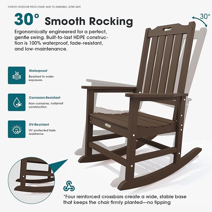 Oversized Rocking Chair Set of 8, Outdoor Rocking Chair for Adults, All Weather Resistant Porch Rocker for Lawn Garden, Brown