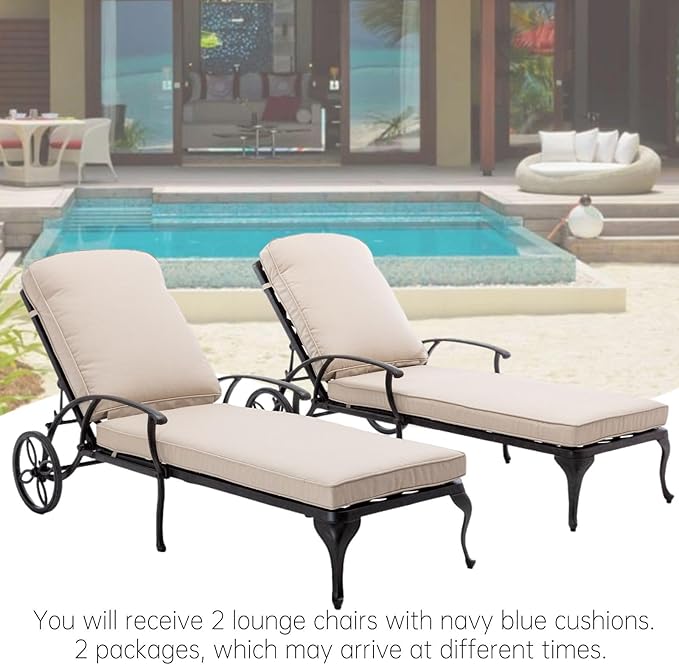 Chaise Lounge Patio Chair with Wheels, Adjustable Reclining Rust-Resistant Aluminum Cast Poolside Chaise Lounge Furniture Set of 2, Waterproof Beige Cushion