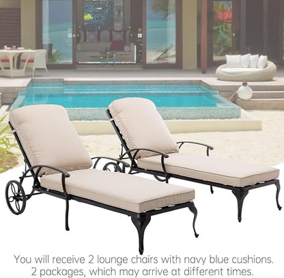 Chaise Lounge Patio Chair with Wheels, Adjustable Reclining Rust-Resistant Aluminum Cast Poolside Chaise Lounge Furniture Set of 2, Waterproof Beige Cushion
