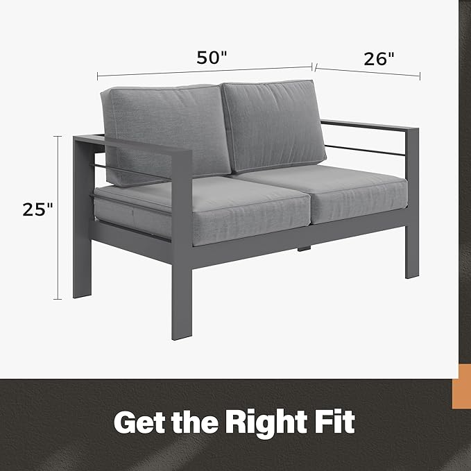 Solaste Outdoor Loveseat Aluminum Patio Furniture Sofa, All-Weather Metal Outdoor Couch with Cushions,Dark Grey - Photo 5