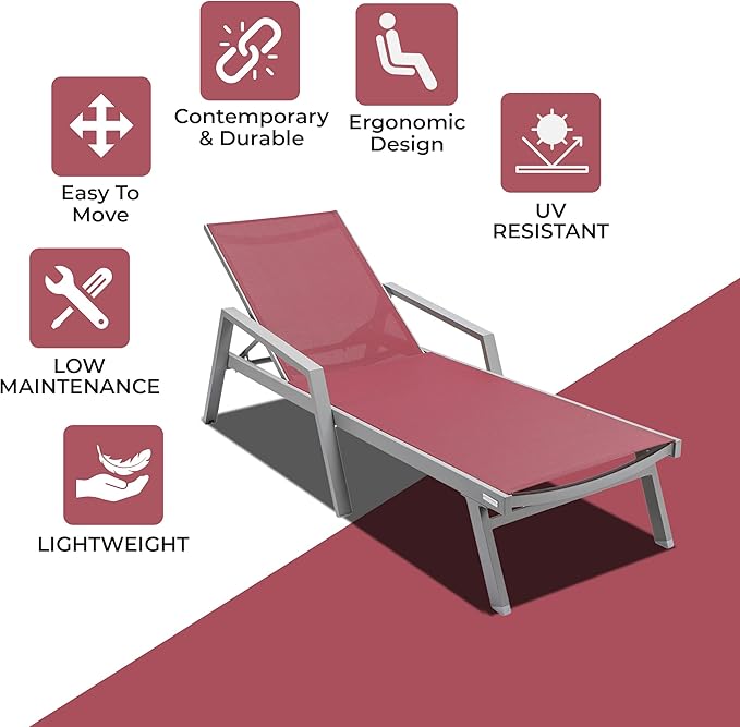 LeisureMod Marlin Patio Chaise Lounge Chair, Adjustable Outdoor Grey Aluminum Lounge with Breathable Mesh Sling Back, Lightweight Poolside Reclining Sun Lounger Weather & UV Resistant (Burgundy)