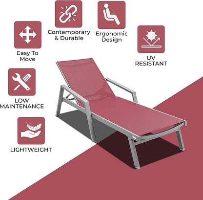 LeisureMod Marlin Patio Chaise Lounge Chair, Adjustable Outdoor Grey Aluminum Lounge with Breathable Mesh Sling Back, Lightweight Poolside Reclining Sun Lounger Weather & UV Resistant (Burgundy)