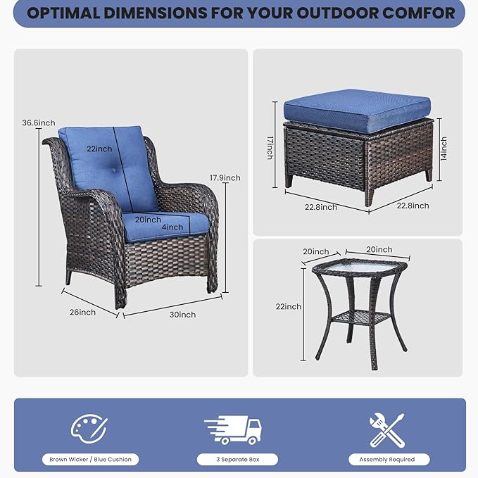 Belord Outdoor Wicker Furniture 5 Pieces Patio Furniture Set Patio Chairs with Ottomans and Side Table Conversation Set for Porch Garden Deck Balcony Poolside