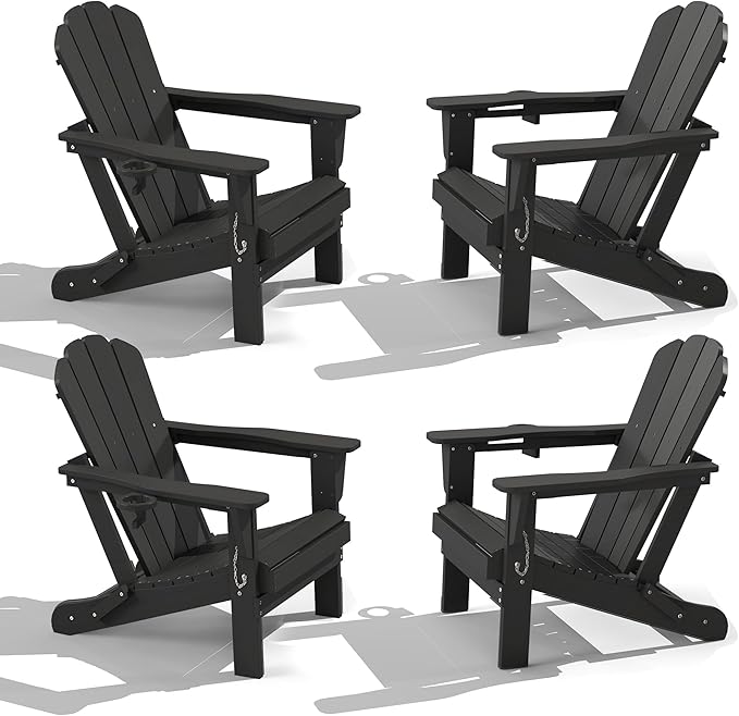 Domi Folding Adirondack Chairs Set of 4, HDPE All-Weather Outdoor Chairs with Cup Holder, Wooden Textured Fire Pit Chairs for Backyard, Patio, Poolside & Deck, Black