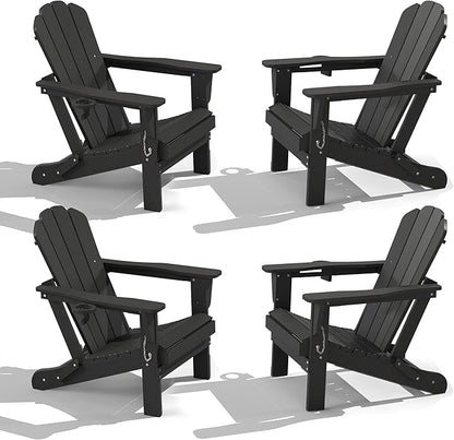 Domi Folding Adirondack Chairs Set of 4, HDPE All-Weather Outdoor Chairs with Cup Holder, Wooden Textured Fire Pit Chairs for Backyard, Patio, Poolside & Deck, Black