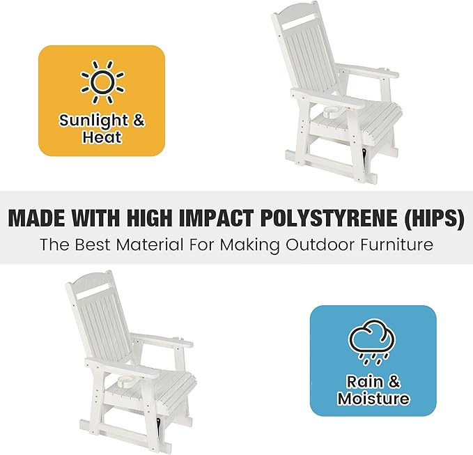 Poly Lumber Patio Glider for One Person, with Cup Holders, High Backrest and Deep Contoured Seat, HIPS Material - Photo 4