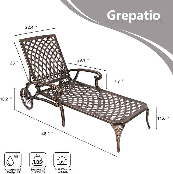 Grepatio Lounge Chairs for Outdoor, Patio Lounge Chaise Cast Aluminum Chairs with Cushion - Photo 3