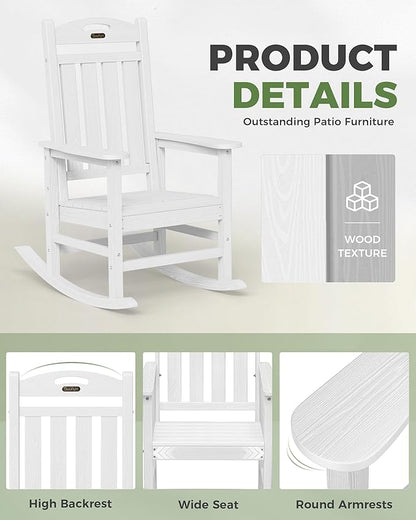 Oversized Rocking Chairs Outdoor Set of 2, High Back Porch Rocker Chair, HDPE All Weather Resistant Rocking Chairs for Patio, 380lbs Weight Capacity, White