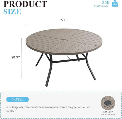 VICLLAX 50" Round Patio Table with Umbrella Hole, All Weather Metal Outdoor Dining Table for 6, Outside Table with Storage Shelf for Lawn Garden, Grey Wood-Grain Finish