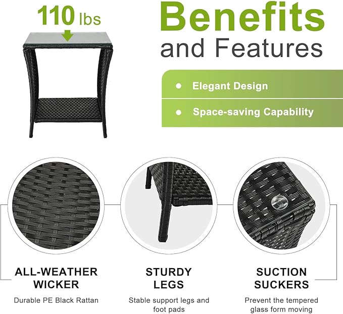 Outvita Outdoor Side Table, Rattan Coffee Table Small End Table with Glass Top Storage for Patio Porch Backyard Balcony