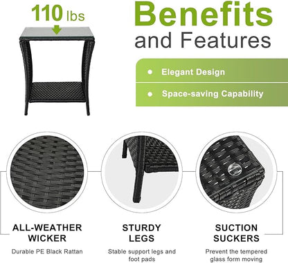 Outvita Outdoor Side Table, Rattan Coffee Table Small End Table with Glass Top Storage for Patio Porch Backyard Balcony