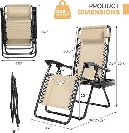 Magshion Zero Gravity Lounge Chair, Adjustable Folding Recliner with Cup Holder Side Tray & Removable Headrest Pillow, Portable Outdoor Patio Lounger for Camping, Beach, Lawn, Backyard