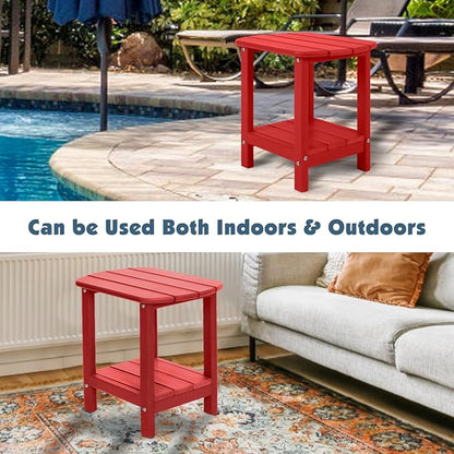 Adirondack Outdoor Side Table, 16.5” HDPE Small Patio Table with Storage Shelf, Weather Resistant End Table for Porch, Pool & Yard (Red)
