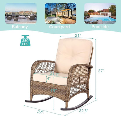 MEETWARM Outdoor Wicker Rocking Chairs Set of 2, Rattan Patio Rocker Chairs with Thick Cushions and High Back, All-Weather Patio Wicker Chair with Safe Rocking Design for Garden, Brown/Beige