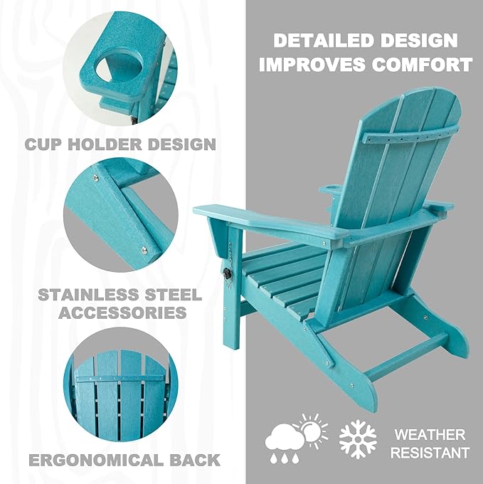 Kozyard Folding Adirondack Chair, Patio Outdoor Chairs, HDPE Plastic Resin Deck Chair, Painted Weather Resistant, for Deck, Garden, Backyard & Lawn Furniture, Fire Pit, Porch Seating (Blue)