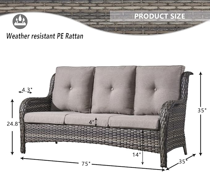 HUMMUH Outdoor Furniture 4 Pieces Patio Furniture Set Wicker Outdoor Sectional Sofa with 2 Patio Chairs,Coffee Table(Grey/Grey)