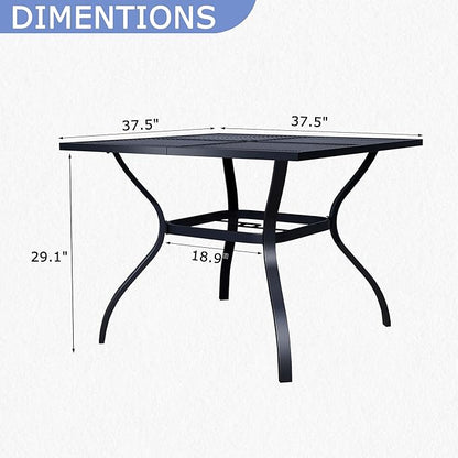 Square Patio Dining Table,All-Weather Metal Steel Mesh Patio Table with Umbrella Hole,Outdoor Dining Table for Lawn Garden Porch, Black