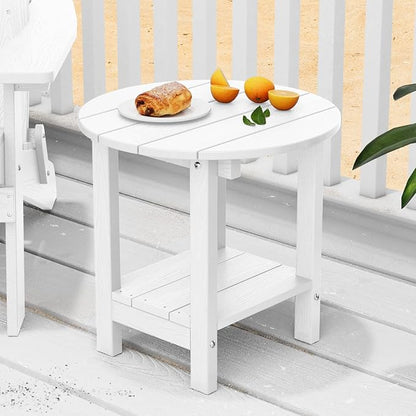 MXIMU Round Outdoor Side Table Adirondack Tables 18 Inch Chairside End Tables with Storage Shelf, 2-Tier Plastic Patio Side Table, Weather Resistant for Balcony Backyard Lawn (White, 2 Pack)