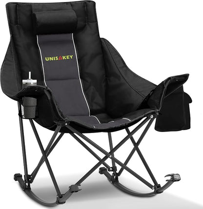 Oversized Rocking Camping Chair with Headrest & Cup Holder - 400lbs Capacity, 600D Oxford Fabric, Easy Fold Portable Outdoor Rocker Chair for Camping, Backyard, Beach, Deep Gray