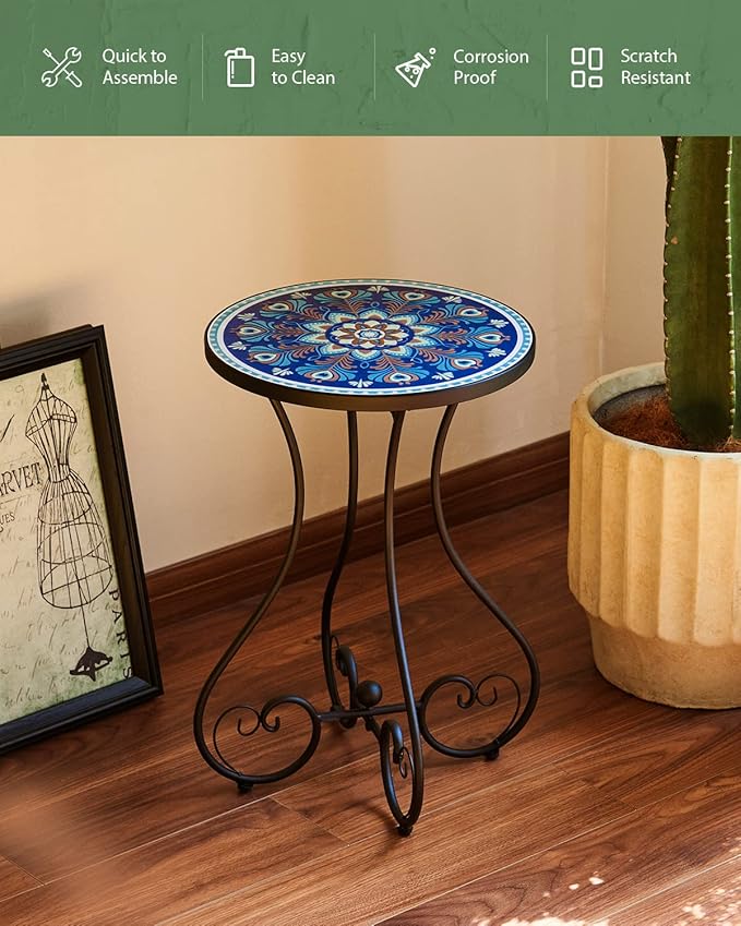 VONLUCE Outdoor Side Table and Mosaic Plant Stand, 21" Round End Table with 14" Ceramic Tile Top for Patio Porch Decor, Indoor & Outdoor Accent Table, Small Coffee Table for Home and Garden, Peacock