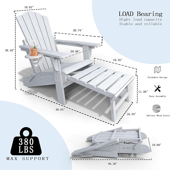 Adjustable Adirondack Chairs with Retractable Ottoman, HDEP Folding Adirondack Chair with Footrest & Cup Holder, All Weather Fire Pit Chair for Outdoor,White