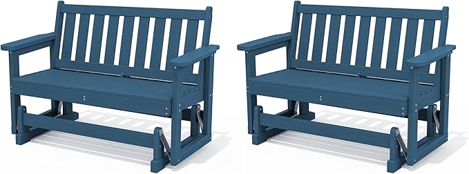 SERWALL Outdoor Glider Bench Set of 2, HDPE Weather-Resistant Swinging Bench for Backyard Garden Porch, Deep Navy - Photo 1