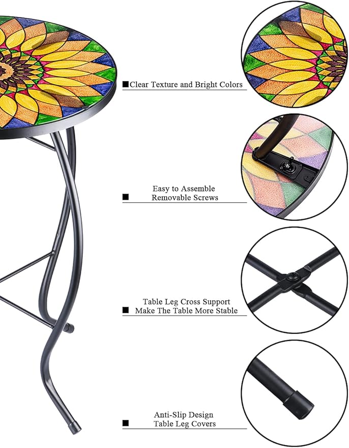 VCUTEKA Sunflower Outdoor Side Table, Mosaic Design, Small Glass Top, Round, Patio Side Table, Balcony Coffee Table - Photo 7