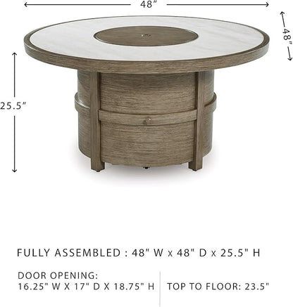 Signature Design by Ashley Rainier Ranch Contemporary Sintered Stone Tabletop Outdoor Fire Pit Table with Pedestal Base, Light Brown & Beige