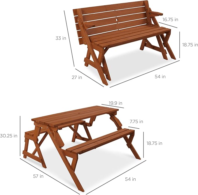 Best Choice Products 2-in-1 Transforming Interchangeable Outdoor Wooden Picnic Table Garden Bench for Backyard, Porch - Photo 7