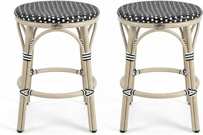 PURPLE LEAF Patio French Round Counter Stool Set of 2 Large Seat 26" Rattan Armless Stackable Barstools Rattan Wicker with White Print Aluminum Footrest Indoor Outdoor Kitchen Cafe Black