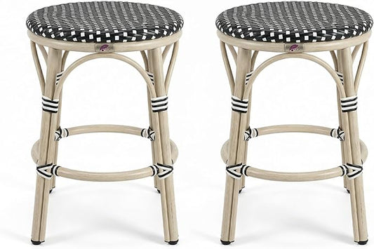 PURPLE LEAF Patio French Round Counter Stool Set of 2 Large Seat 26" Rattan Armless Stackable Barstools Rattan Wicker with White Print Aluminum Footrest Indoor Outdoor Kitchen Cafe Black