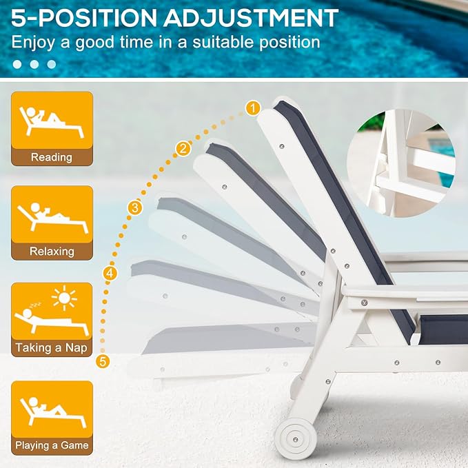 Outdoor Chaise Lounge Chair with Table Set of 3, 5-Position Adjustable Patio Lounge Chair with Wheels & Cup Holder, HDPE Pool Lounge Chair for Outside, Poolside & Beach (Dark Blue+White)