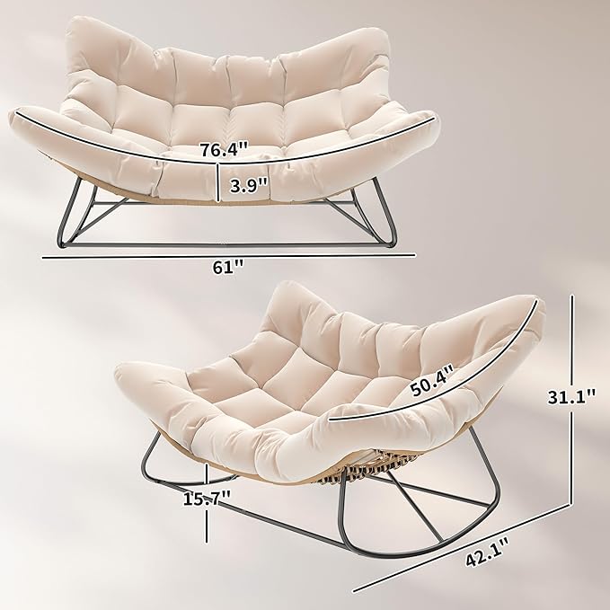Outsunny Double Papasan Rocking Chair, Wicker Oversized Indoor Outdoor Rocking Chair with Cushion, PE Rattan Padded Outdoor Rocker Egg Chairs for Living Room, Garden, Patio, Balcony, Cream White