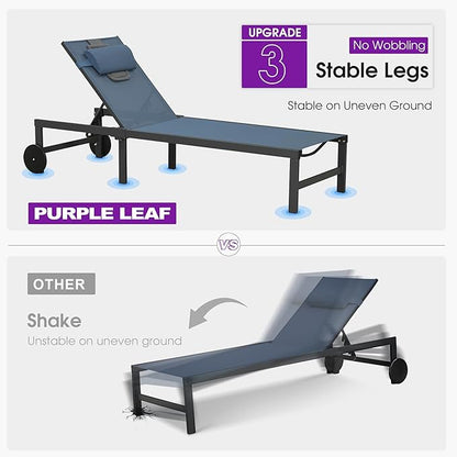 PURPLE LEAF Outdoor Tanning Lounge Chair Set with Face Hole Aluminum Adjustable Chairs Wheels Pillows and Table for Poolside Beach Patio Reclining Sunbathing Lounger Indigo