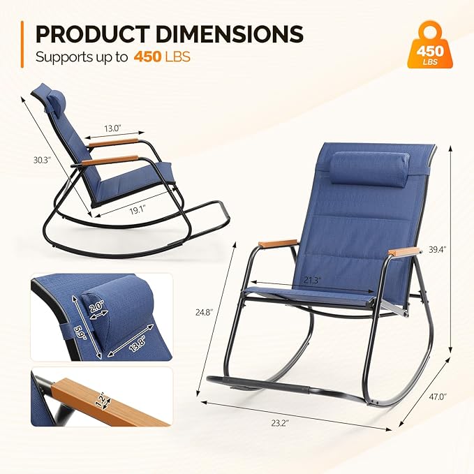 VINGLI Outdoor Rocking Chair, 450lbs Capacity Portable Outdoor Rocker with Footrest, Hard Armrests, Pillow, All Weather Porch Rocker for Garden, Living Room, Patio, Lawn (Blue, with footrest)