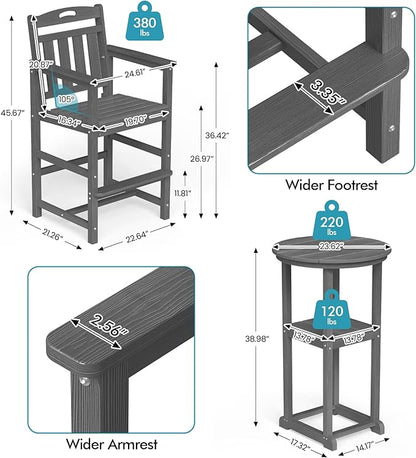 Ciokea 3-Pcs Bistro Table and Chairs, All-Weather Round High Top Bar Table with Storage Shelf and 2 Oversized Adirondack Chairs, Heavy Duty Outdoor Bar Set Patio Bistro Set for Balcony Deck, Grey