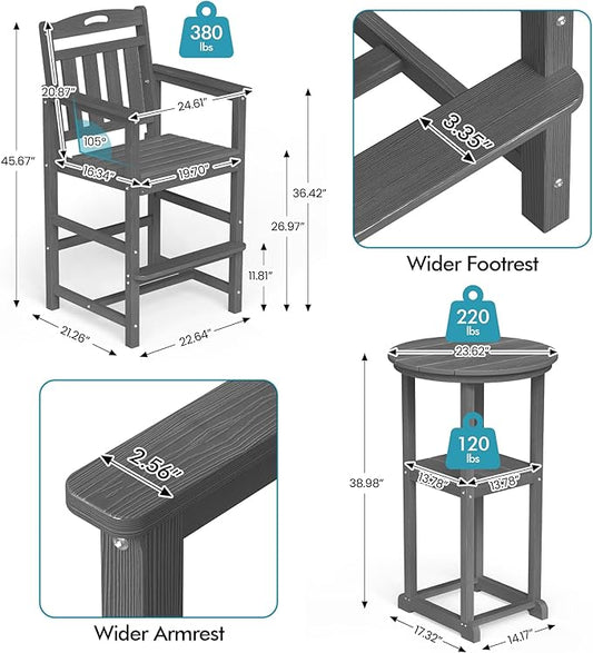 Ciokea 3-Pcs Bistro Table and Chairs, All-Weather Round High Top Bar Table with Storage Shelf and 2 Oversized Adirondack Chairs, Heavy Duty Outdoor Bar Set Patio Bistro Set for Balcony Deck, Grey