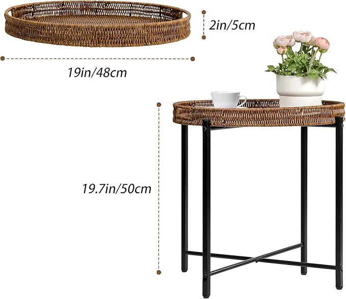 Brown Small Round End Table, 19in Rattan End Tables, Wicker Rattan Side Table, Round Sofa Side Table - Photo 3