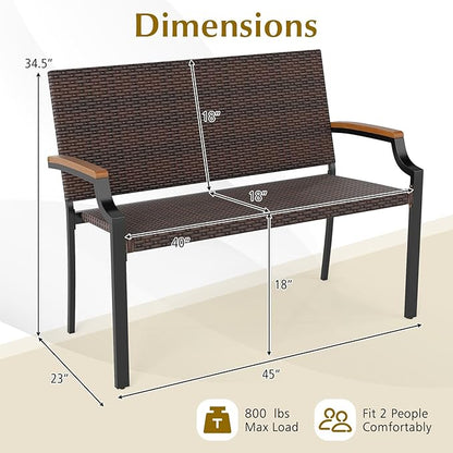 Tangkula Stackable Patio Wicker Loveseat Bench, 2-Person Rattan Outdoor Bench with Acacia Wood Armrests & Metal Frame, Rattan Conversation Furniture for Backyard, Garden, Balcony, Porch (2,Mix Brown)