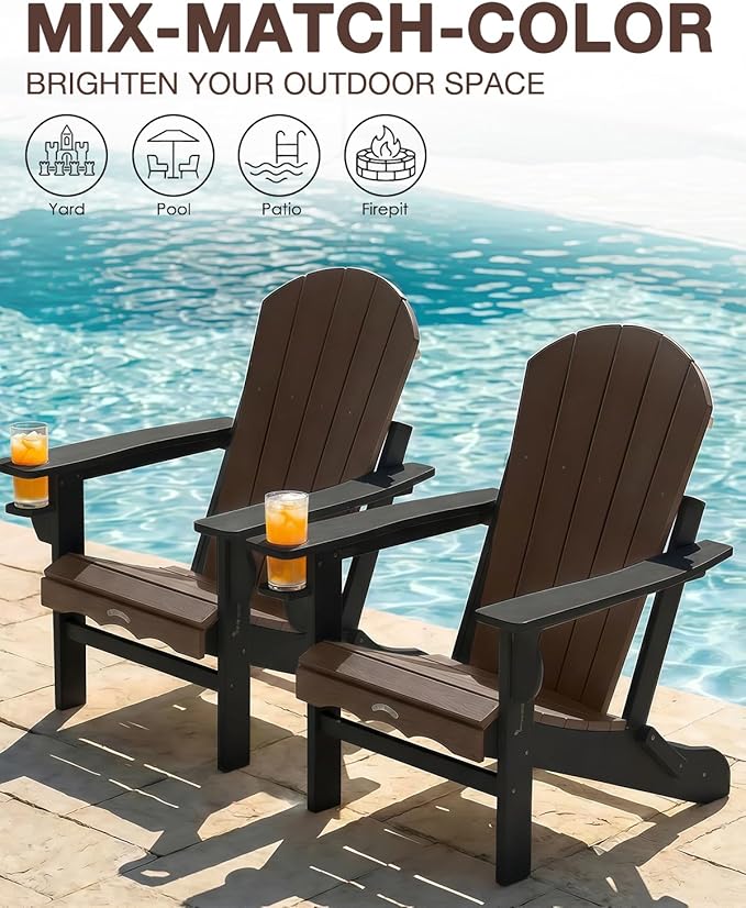 Folding Adirondack Chair –Recyclable HDPE Outdoor Adirondack Patio Chair with Cup Holder, Wood Texture & Umbrella Hole - Photo 4