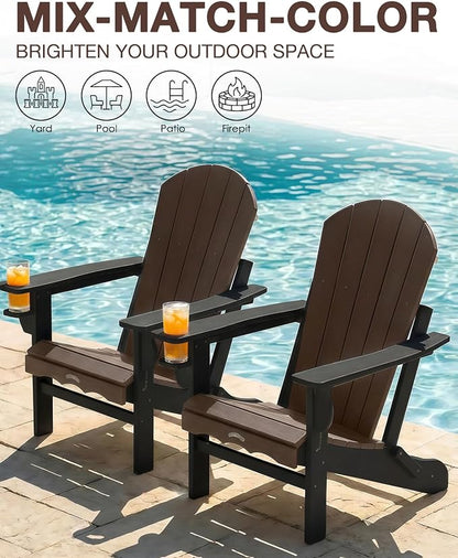 Folding Adirondack Chair –Recyclable HDPE Outdoor Adirondack Patio Chair with Cup Holder, Wood Texture & Umbrella Hole, 25-Year Fade-Free All Weather for Fire Pit, Porch, Poolside, Deck, Brown & Black